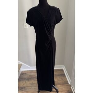Women's Black Velvet V-Neck Faux Wrap  Dress Long Size 10 Amanda Lane  *Read